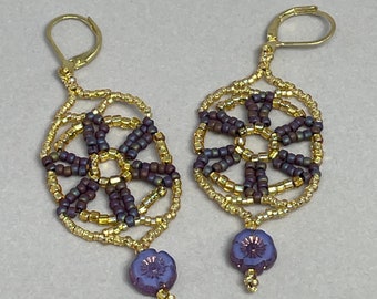 Gold and Purple Beaded Woven Earrings with Purple Glass Flower Drop.  Beautiful and Handmade!