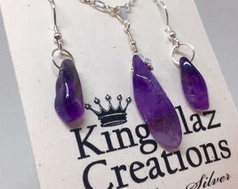 Améthyste -- Superbe ensemble collier et boucles d'oreilles : argent sterling avec véritable améthyste violette