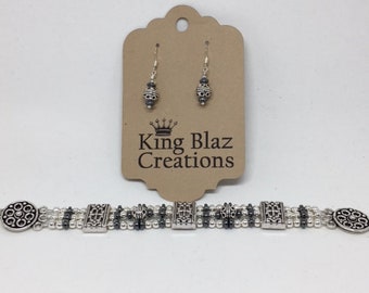 Antique Silver Bali Beaded Bracelet with Hematite - Handmade and Beautiful! Matching earrings available