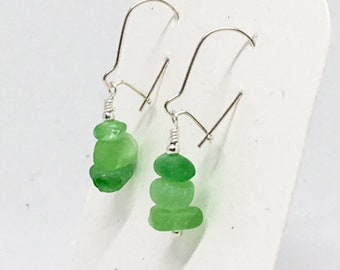 Genuine Sea Glass Drop Earrings  - Sterling Silver with Frosted Green Sea Glass Gems!