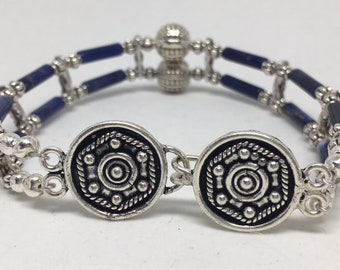 Lapis Lazuli with Antique Silver Bali Beads Double Strand Bracelet or Anklet - Handmade and Beautiful!