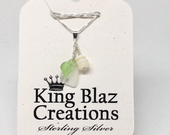 Genuine Sea Glass - Sterling Silver Beach Necklace: Frosted Green & Clear Sea Glass, Stacked Natural Ocean Shell Disks.