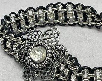 Rhinestone Chain & Black Adjustable Leather Cord Bracelet with Metal Flower