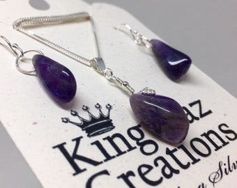 Amethyst Necklace & Earrings Set: Sterling Silver with Genuine Amethyst Stones