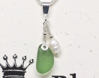 Genuine Sea Glass - Sterling Silver Beach Necklace: Frosted Green Sea Glass, Freshwater Pearl.  Delicate Beauty!