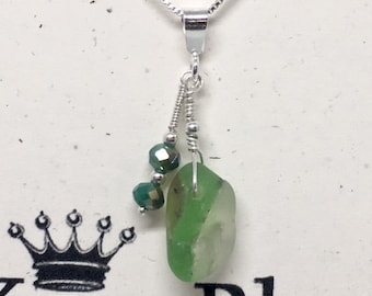 Genuine Bonfire Sea Glass - Sterling Silver Beach Necklace: Rare Bonfire Fused Green & Clear Sea Glass with Czech Crystals.  Stunning!