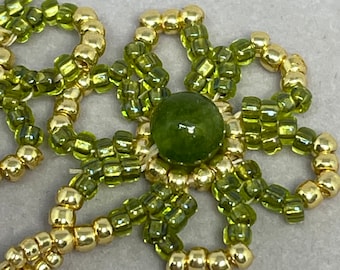 Gold and Green Beaded Woven Earrings.  Beautiful and Handmade!