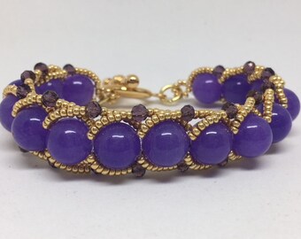 Amethyst Purple & Gold Seed Bead Bracelet, Handmade and Beautiful!