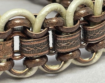 Bronze Book Chain & White Leather Cord Adjustable Bracelet