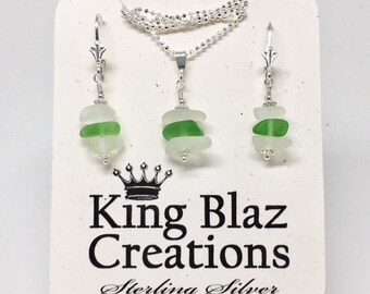 Stunning Stacked Genuine Sea Glass Earrings Necklace Set - Sterling Silver with Frosted Green & Clear Sea Glass Gems!