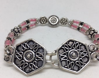 Pink & Black Antique Silver Bali Beaded Bracelet - Handmade and Beautiful! Matching earrings available
