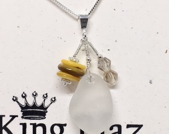 Genuine Sea Glass - Sterling Silver Beach Necklace: Frosted Clear White Sea Glass, Stacked Ocean Disk Shells & Czech Glass Beads.
