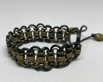 Antique Brass Book Chain & Black Leather Cord Bracelet