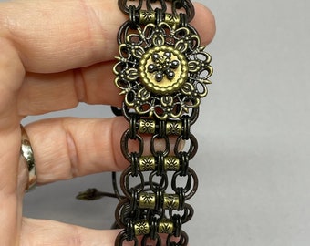 Antique Brass Chain & Beads with Woven Brown Adjustable Leather Cord Bracelet with Metal Flower