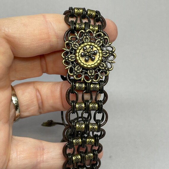 Antique Brass Chain & Beads with Woven Brown Adjustable Leather Cord Bracelet with Metal Flower