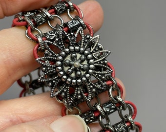Silver Chain & Pink Adjustable Leather Cord Bracelet with Metal Flower