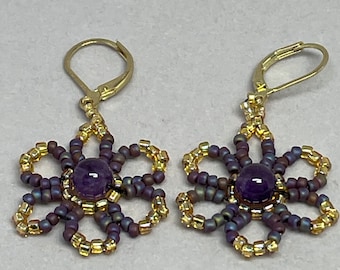 Gold and Purple Amethyst Beaded Woven Earrings.  Beautiful and Handmade!