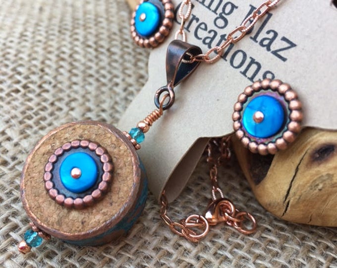 Featured listing image: Copper & Cork, 2-Sided Pendant Necklace and Earring Set! Re-Purposed Wine Cork and Copper Pipe with Blue Patina Copper, Blue Shells.