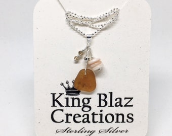 Genuine Sea Glass - Sterling Silver Beach Necklace: Frosted Brown Sea Glass, Stacked Natural Ocean Disk Shells & Czech Glass Beads.