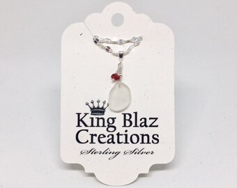 Genuine Sea Glass - Sterling Silver Beach Necklace: Frosted Clear Sea Glass with Accent Red Sea Glass! Simply Beautiful!