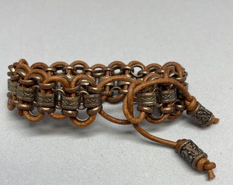 Bronze Book Chain & Brown Leather Cord Adjustable Bracelet