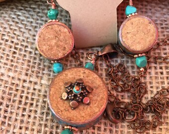 Turquoise, Copper & Cork, 2-Sided Pendant Necklace and Earring Set! Re-Purposed Wine Cork and Copper Pipe with Blue Patina Copper.