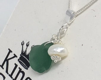 Genuine Sea Glass - Green & Freshwater Pearl, Sterling Silver necklace. Delicate, Petite Beauty!