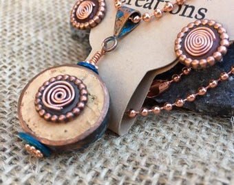 Copper & Cork, 2-Sided Pendant Necklace and Earring Set! Re-Purposed Wine Cork and Copper Pipe with Blue Patina Copper, Blue Shells.