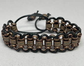Bronze Book Chain & Black Leather Cord Adjustable Bracelet