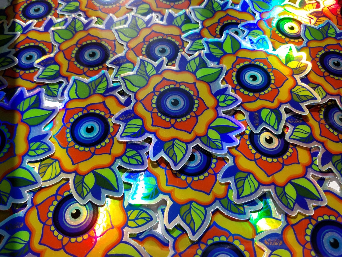 Holographic Vinyl Evil Eye Flower Sticker Waterproof Nazar - Etsy