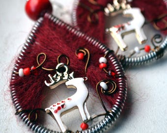Handmade Christmas Earrings: Mohair Rudolph Reindeer Ornament