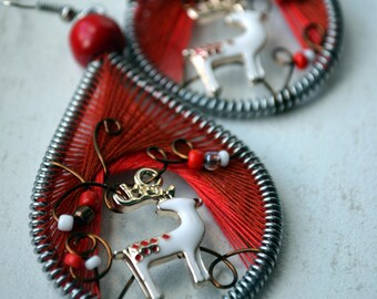 Handmade Rudolph Dangle Christmas Earrings: Red String Jewelry