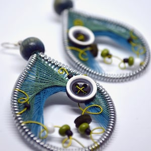 Peacock Teardrop Earrings, Big tribal earrings, Contemporary earrings, Crazy earrings, Wire wrapped jewelry, Button earrings, teardrop ears