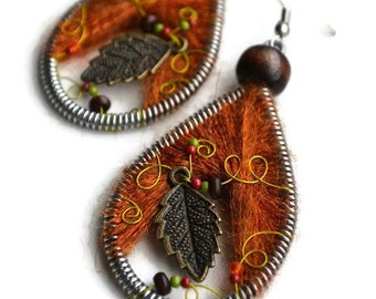 Leaf earrings, Autumn earrings, Big brown earrings, Autumn leaves jewellery, Mohair earrings, Special winter gift for her, Peruvian earrings