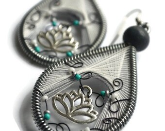 Tribal Lotus flower earrings, Boho flower earrings, Silver lotus jewelry, Buddhist Jewelry, Yoga Jewelry, Spiritual Jewelry, Silver dangle