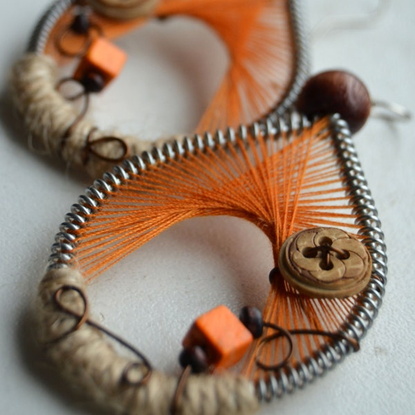 Tribal earrings/ peruvian thread earrings/ orange tribal earrings/ Big orange earrings/ woven earrings/ Boho chic earrings/ Coconut earrings