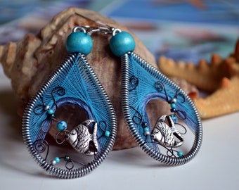 FISH EARRINGS, Nautical earrings, pisces gift, Sea earrings, Ocean earrings, Zodiac jewelry, big blue earrings, native american earrings