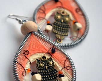 OWL EARRINGS Owl jewelry Owl lover gift Owl dangle earrings Coral orange earrings native american earrings peruvian earrings Owls fans
