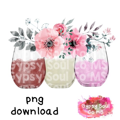Stemless Wine Glasses Floral Png Sublimation File Download Etsy