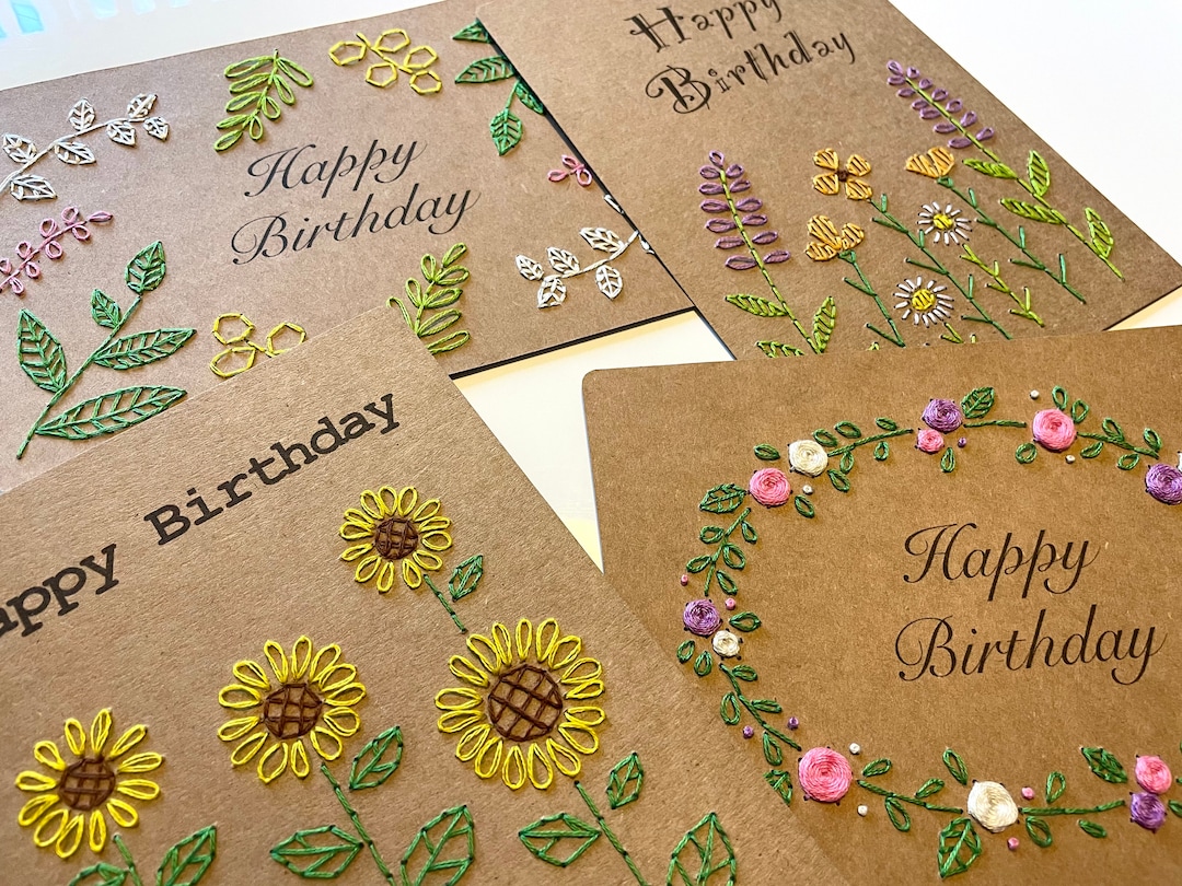 DIY Paper Embroidery Birthday Cards Flowers and Leaves Etsy
