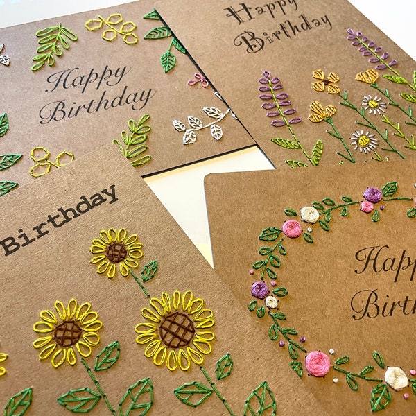 DIY Paper Embroidery Birthday Cards - Flowers and Leaves