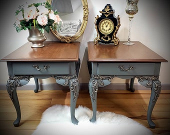 SOLD Vintage Pair of Nightstands in Warm Brown, Gold & Pewter Silver | Scroll Moulding Details, Tobacco Stained Oak Top with Drawer