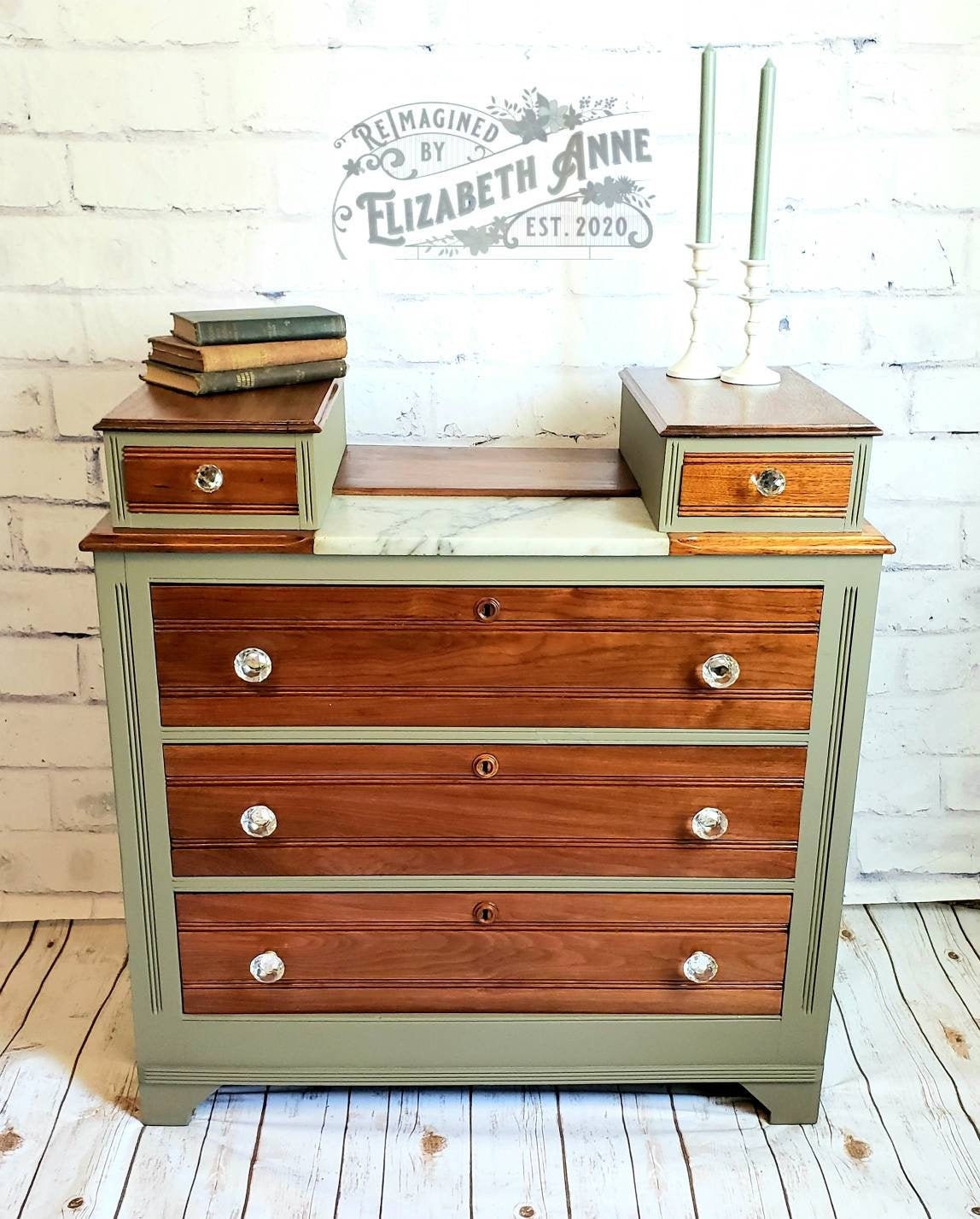 green dresser with wood top Henley Scalloped Edge 3 Drawer Dresser, Sage Green