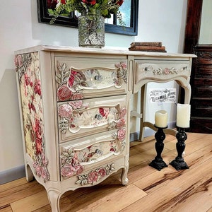 SOLD!!! French Country Pink Rose Desk in Ivory & Beige | Makeup Station French Provincial | Natural Earthy Brown Vanity | Glam Storage