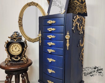 Sold!!!!royal Navy Blue Gold Jewelry Armoire Crushed Velvet
