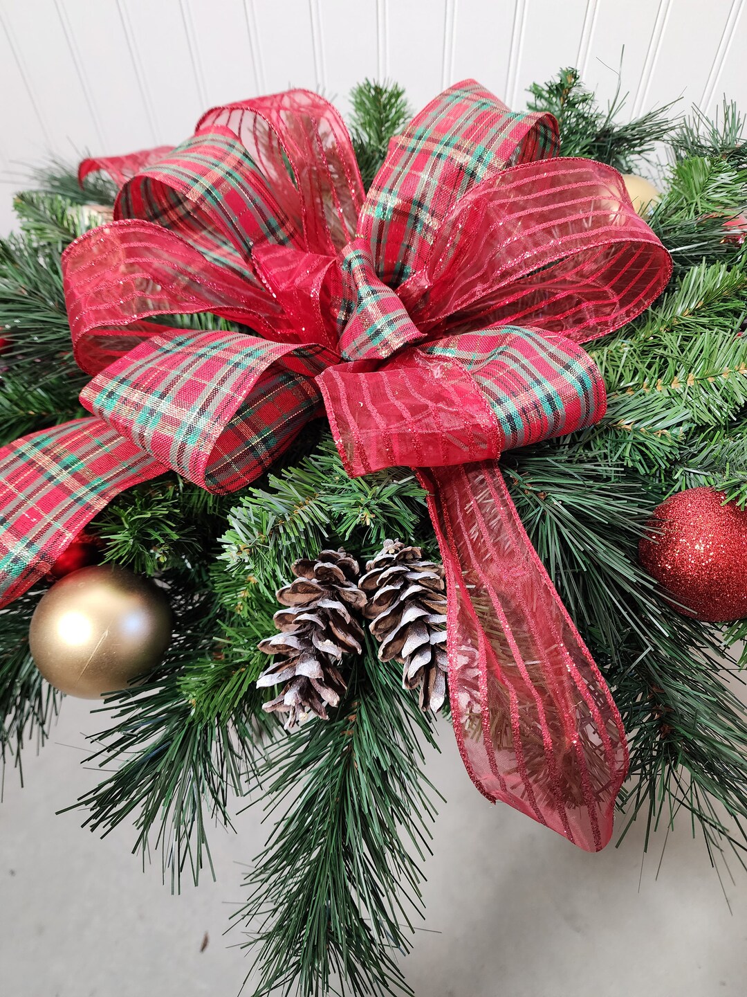 Christmas Memorial Grave Pillow With Green, Red, Gold Plaid Pincones