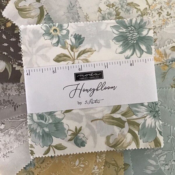 Honeybloom Charm Pack by 3 Sisters for Moda Fabrics, (42) 5" Precut Cotton Quilt Squares in Soft Aqua, Yellow & Taupe