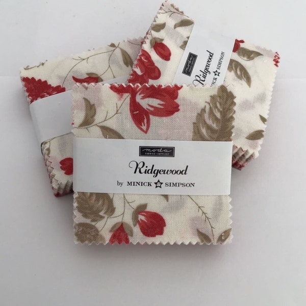 Ridgewood Mini Charm Pack by Minick & Simpson for Moda Fabrics, (42) 2 1/2" Precut Cotton Quilt Squares in Cherry Reds and Creamy Neutral