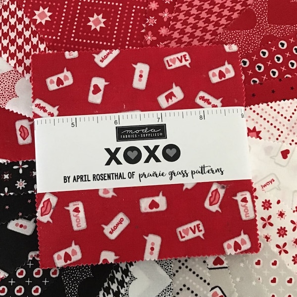 XOXO Charm Pack by April Rosenthal of Prairie Grass Patterns for Moda Fabrics, (42) 5" Precut Valentine-Inspired Quilt Squares