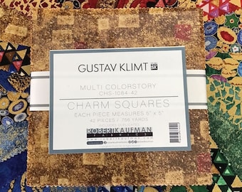 Gustav Klimt Multi Colorstory Charm Squares by Robert Kaufman, (42) 5" Precut Cotton Quilt Squares, Metallic Charm Pack